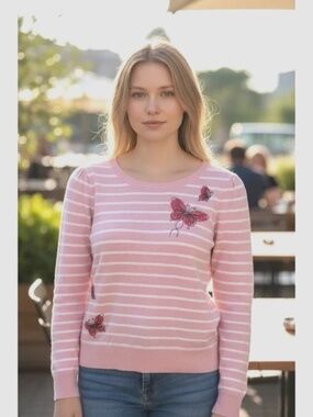 Talbots Women’s Pink Striped Butterfly Embroidered Pullover Sweater Medium